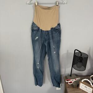 Indigo Blue Straight Leg Distressed Maternity Jeans Belly Band Women Size Large